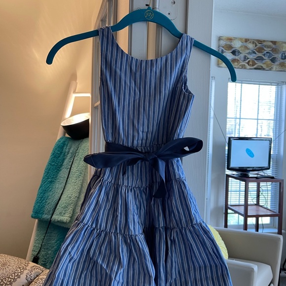 Polo by Ralph Lauren Navy and Light Blue Striped Tiered Dress with Sash - Picture 2 of 6
